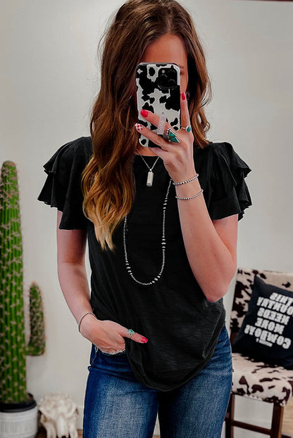 Black Layered Ruffle Short Sleeve Round Neck Top