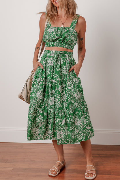 Green Floral Print Shirred Crop Top and High Waist Midi Skirt Set