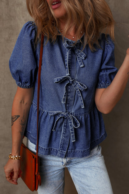 Sail Blue Tied Front Bubble Sleeve Peplum Denim Shirt