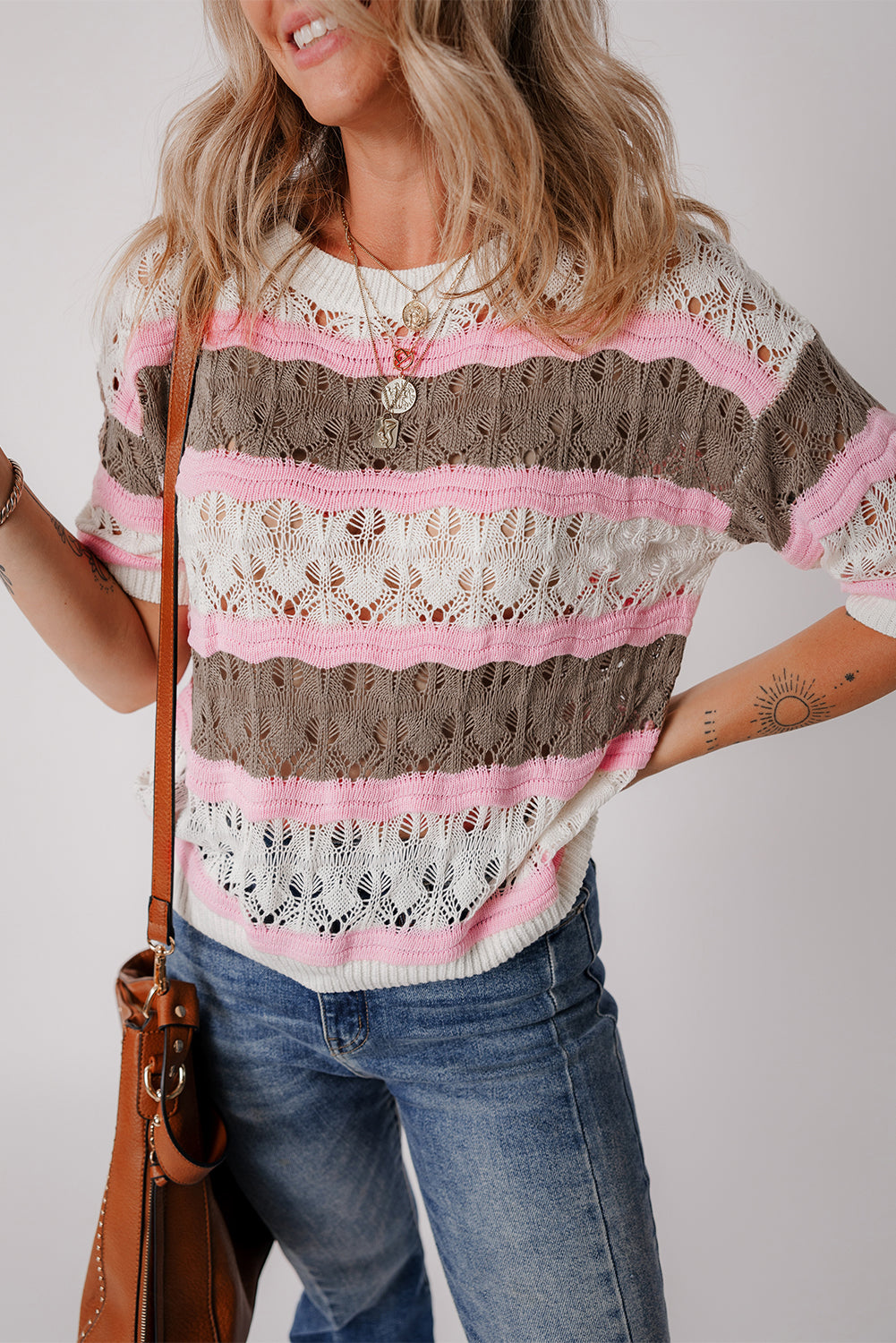 Brown Stripe Color Block Hollow Out Crochet Half Sleeve Sweater