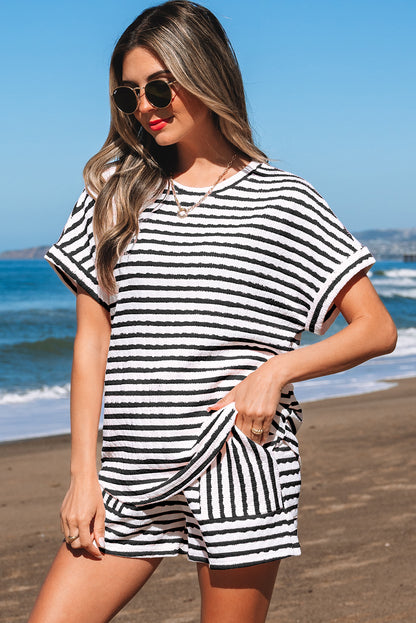 Sky Blue Stripe Knitted Short Sleeve Top and Drawstring Shorts Set
