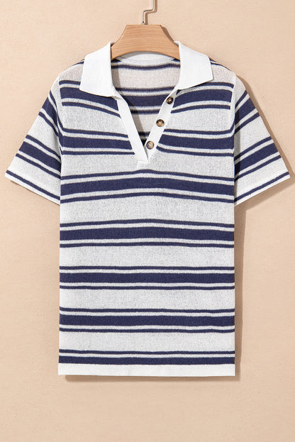Dark Blue Stripe Collared Button V Neck Knitted T Shirt
