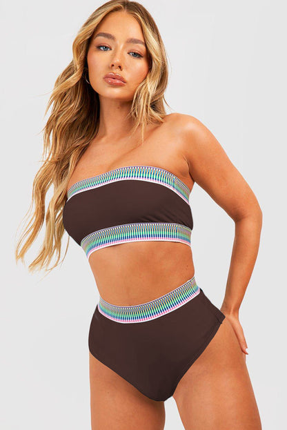 Coffee Contrast Banding Tube Bikini High Waist 2pcs Swimsuit