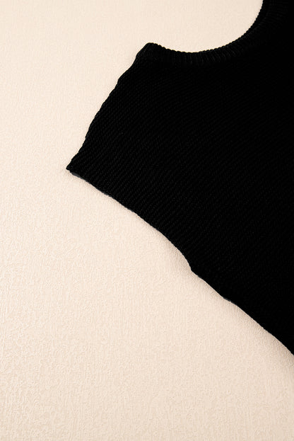 Black Solid Color Sweater Tee with Side Slits