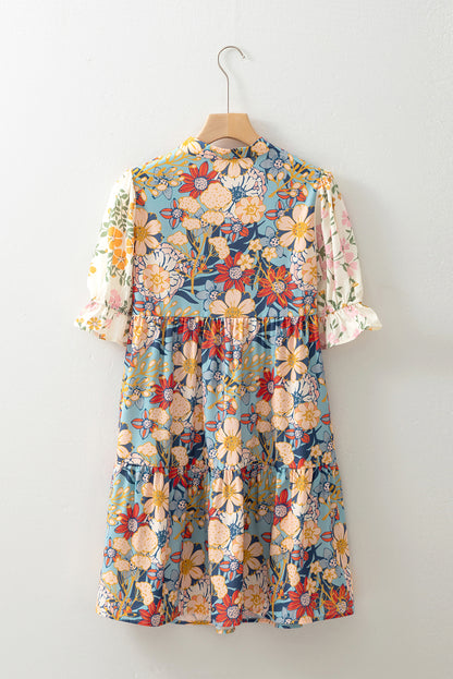 Multicolour Boho Floral Print Crochet Patchwork V Neck Loose Mini Dress