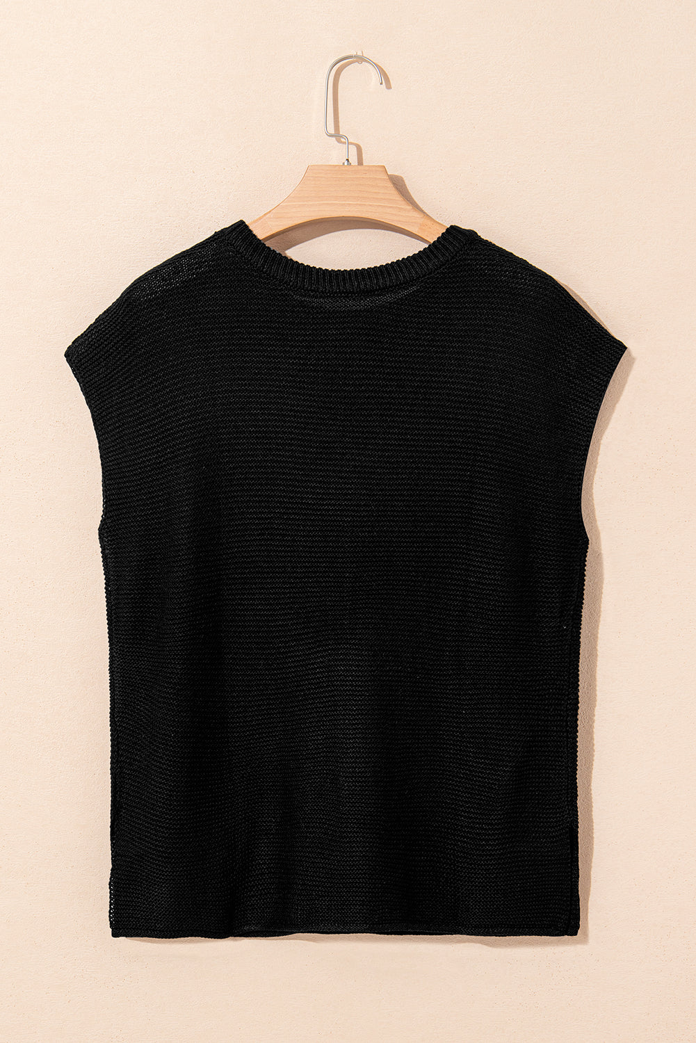 Black Solid Color Sweater Tee with Side Slits