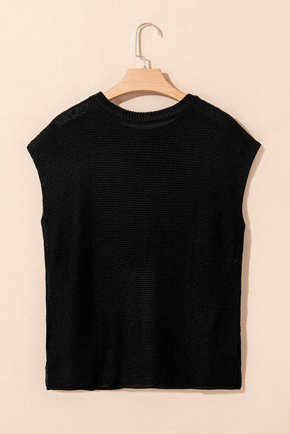 Black Solid Color Sweater Tee with Side Slits