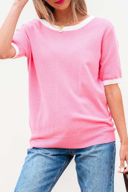 Bonbon Colorblock Bow V-Shape Cut Back Short Sleeve Sweater