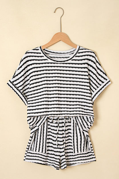 Sky Blue Stripe Knitted Short Sleeve Top and Drawstring Shorts Set