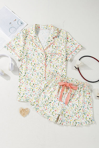 Beige Bow Fruit Print Contrast Pipping Short Pajamas Set
