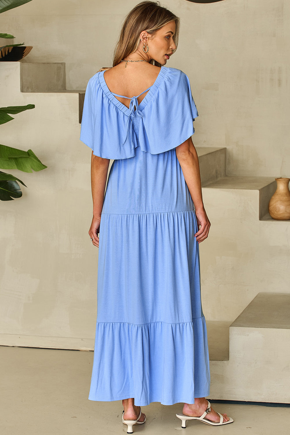 Grass Green Textured V Neck Flutter Sleeve Ruffled Maxi Dress