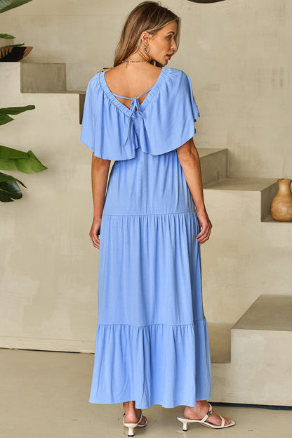Grass Green Textured V Neck Flutter Sleeve Ruffled Maxi Dress