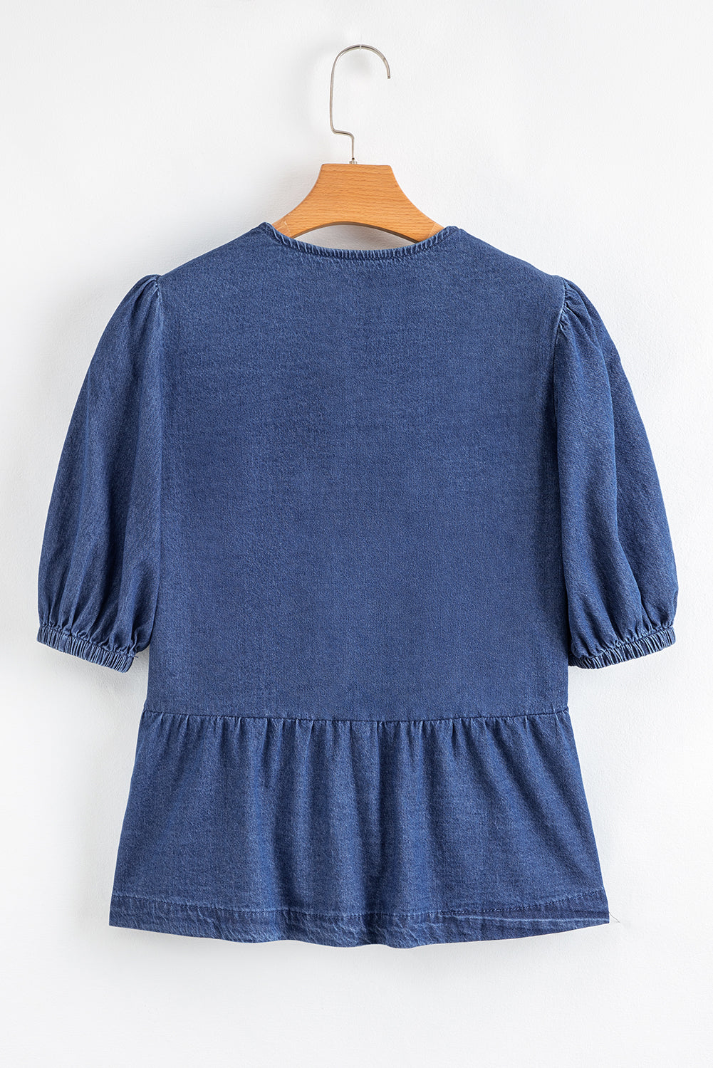 Sail Blue Tied Front Bubble Sleeve Peplum Denim Shirt