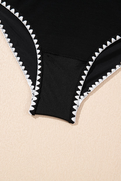 Beau Blue Ric Rac Trim Contrasted Patchwork Cutout One Piece Swimsuit