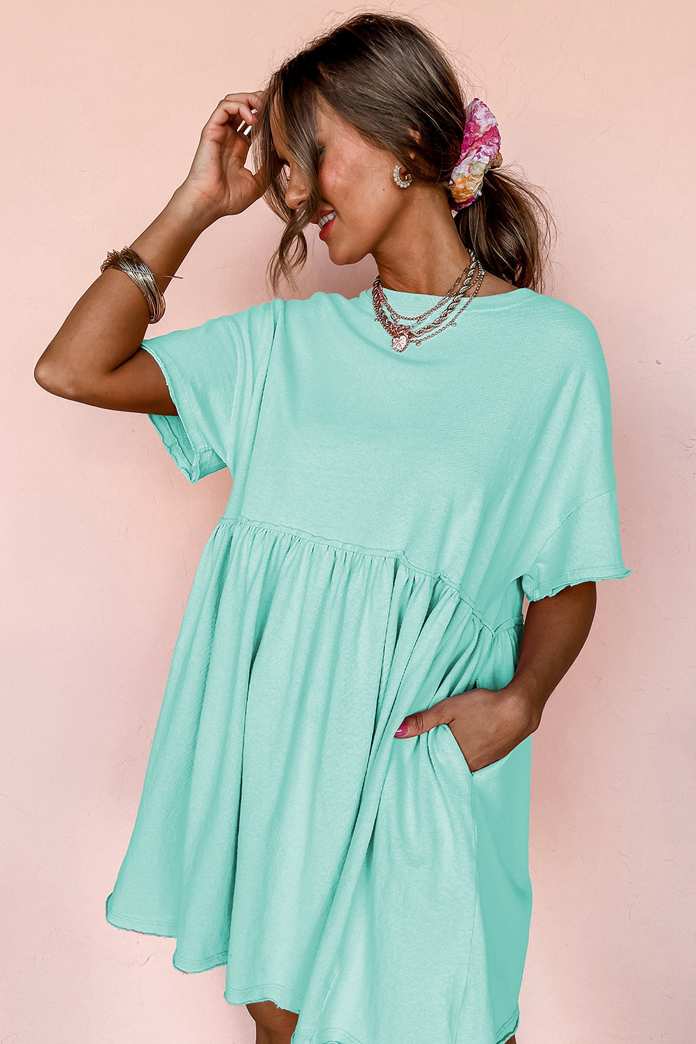 Sky Blue Solid Color Pocketed Raw Edge Babydoll Dress