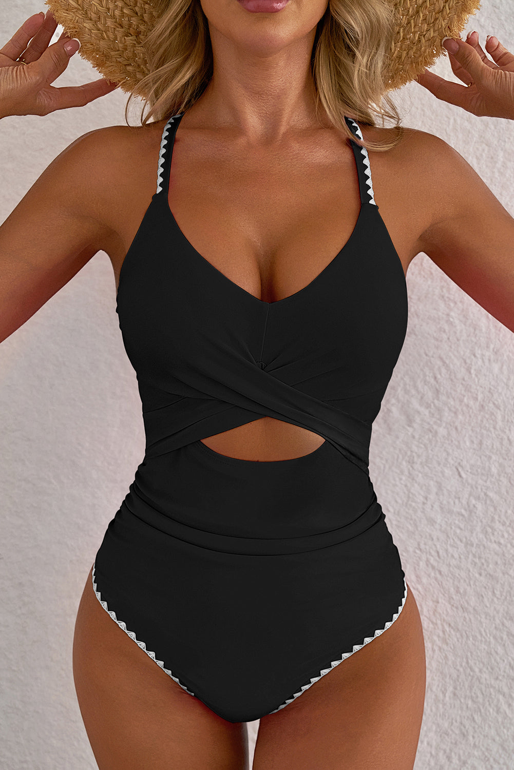 Beau Blue Ric Rac Trim Contrasted Patchwork Cutout One Piece Swimsuit