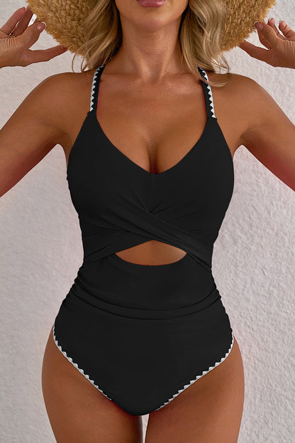 Beau Blue Ric Rac Trim Contrasted Patchwork Cutout One Piece Swimsuit