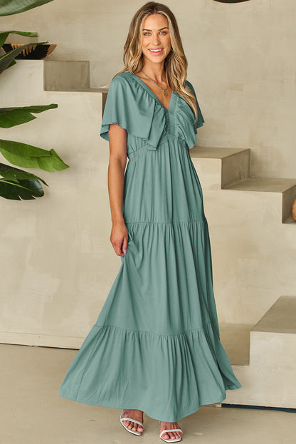 Grass Green Textured V Neck Flutter Sleeve Ruffled Maxi Dress