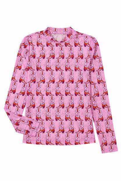 Pink Cowgirl Boots Printed Mock Neck Long Sleeve Mesh Top