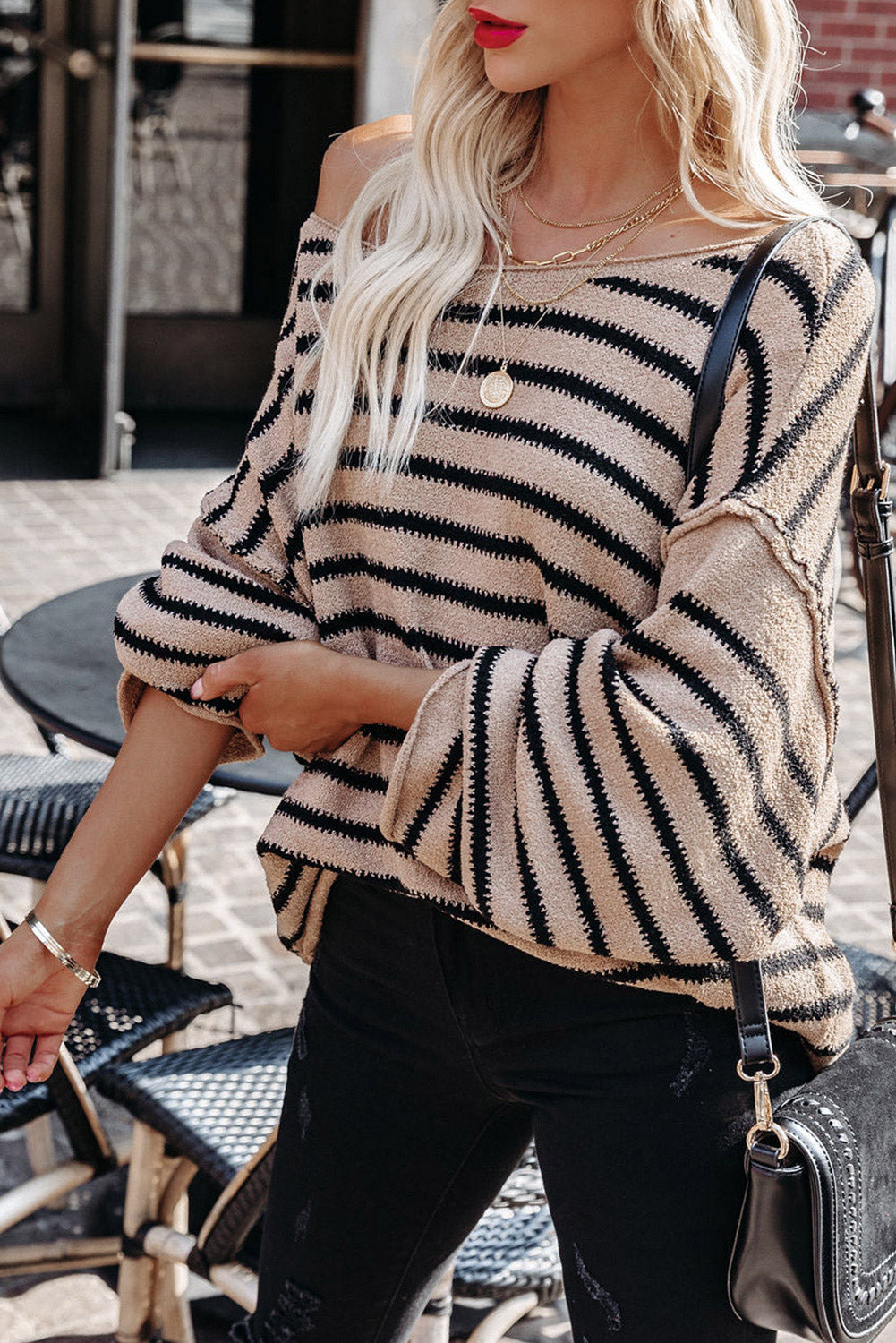 Striped Print Dropped Shoulder Loose Sleeve Sweater