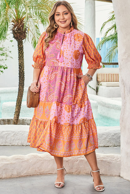 Pink Boho Paisley Floral Mixed Patchwork Tassel Tie Plus Size Midi Dress