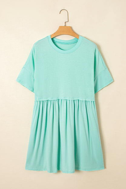 Sky Blue Solid Color Pocketed Raw Edge Babydoll Dress