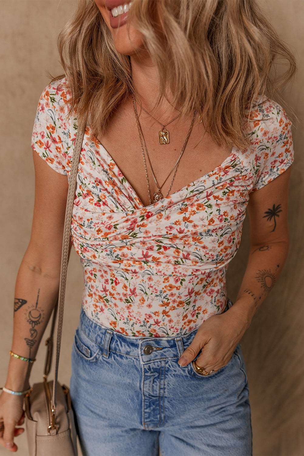 Orange Short Sleeve Floral Ruched Sweetheart Bodysuit