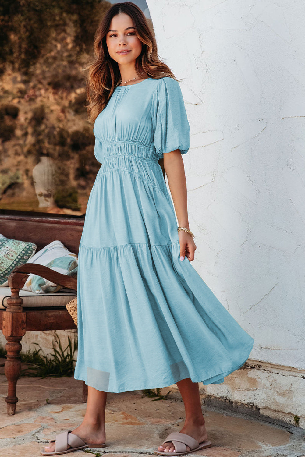 Black Puff Sleeve Pleated High Waist Flowy Long Dress