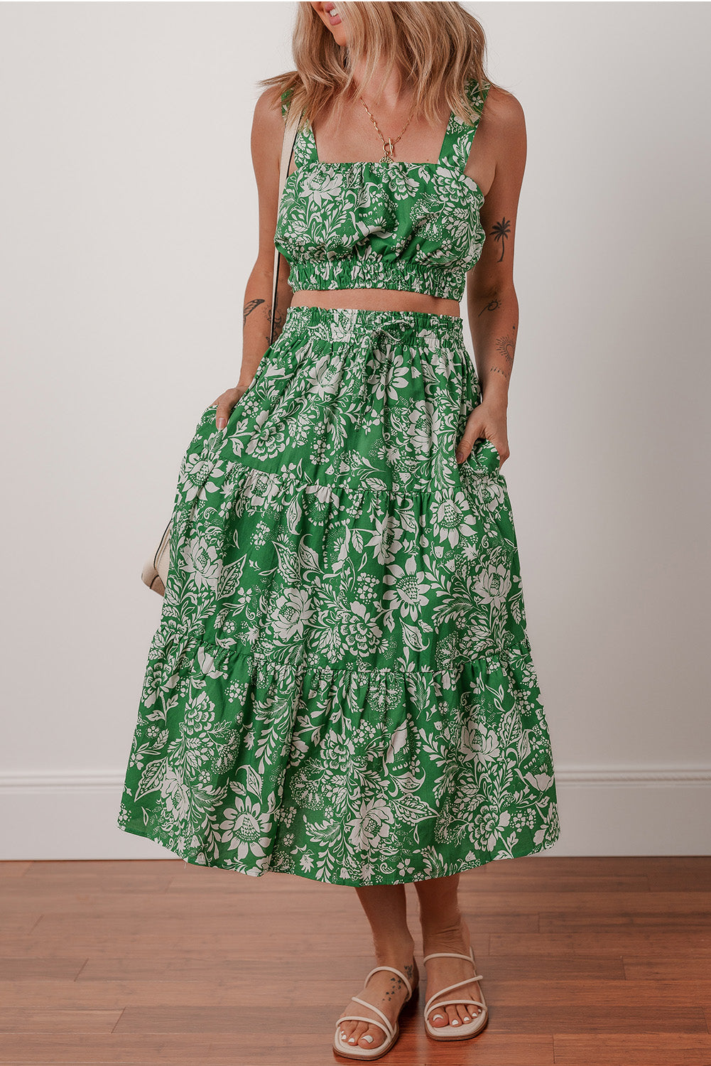 Green Floral Print Shirred Crop Top and High Waist Midi Skirt Set