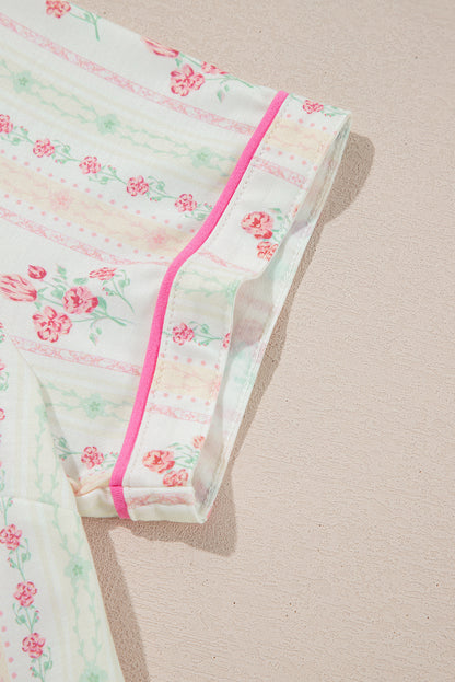 Beige Bow Fruit Print Contrast Pipping Short Pajamas Set