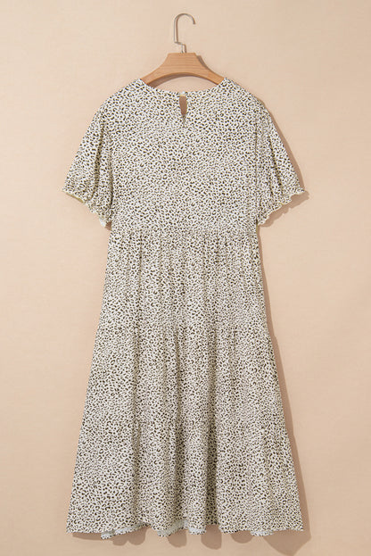 Beige Plus Size Leopard Print Frill Trim Short Sleeve Flared Dress