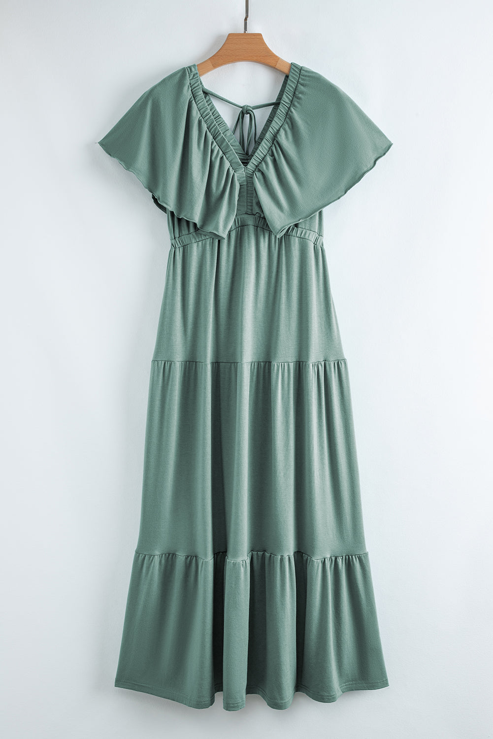 Grass Green Textured V Neck Flutter Sleeve Ruffled Maxi Dress