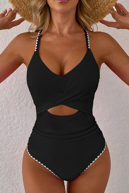 Beau Blue Ric Rac Trim Contrasted Patchwork Cutout One Piece Swimsuit