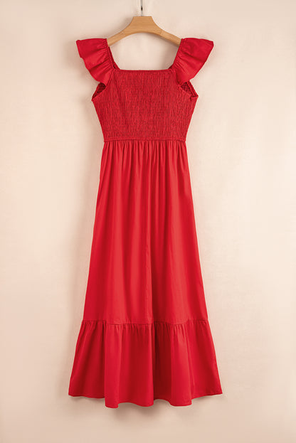 Pink V Neck Flutter Sleeve Smocked Bodice High Waist Ruffle Maxi Dress