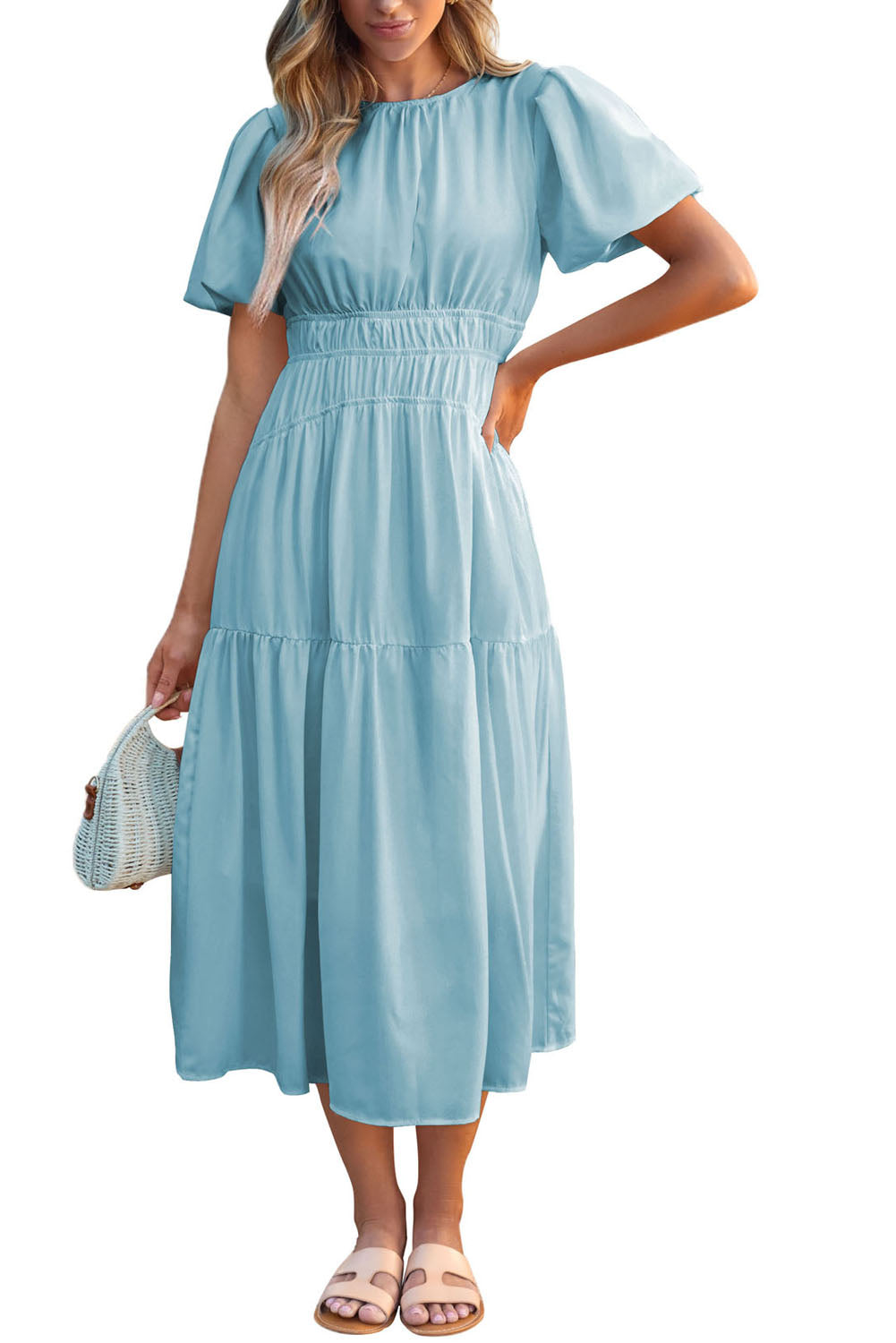 Black Puff Sleeve Pleated High Waist Flowy Long Dress